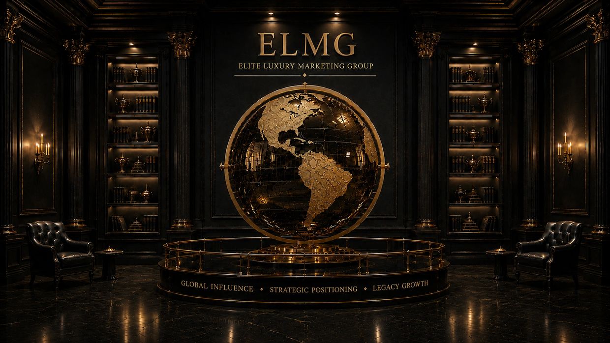 Luxurious dark room with a golden globe and elite marketing group branding.