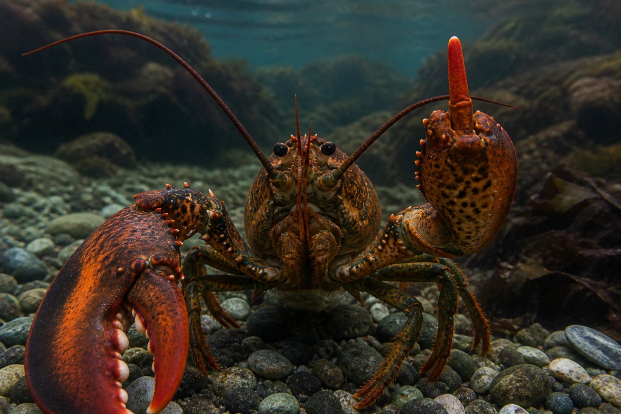 A vibrant lobster underwater on a rocky seabed.