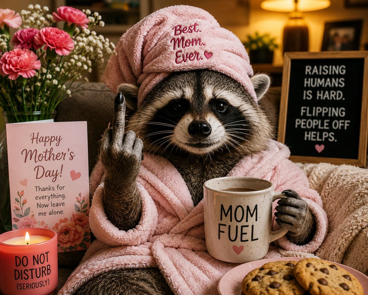 Raccoon in a pink robe giving the middle finger, holding a "Mom Fuel" mug, surrounded by Mother's Day items.