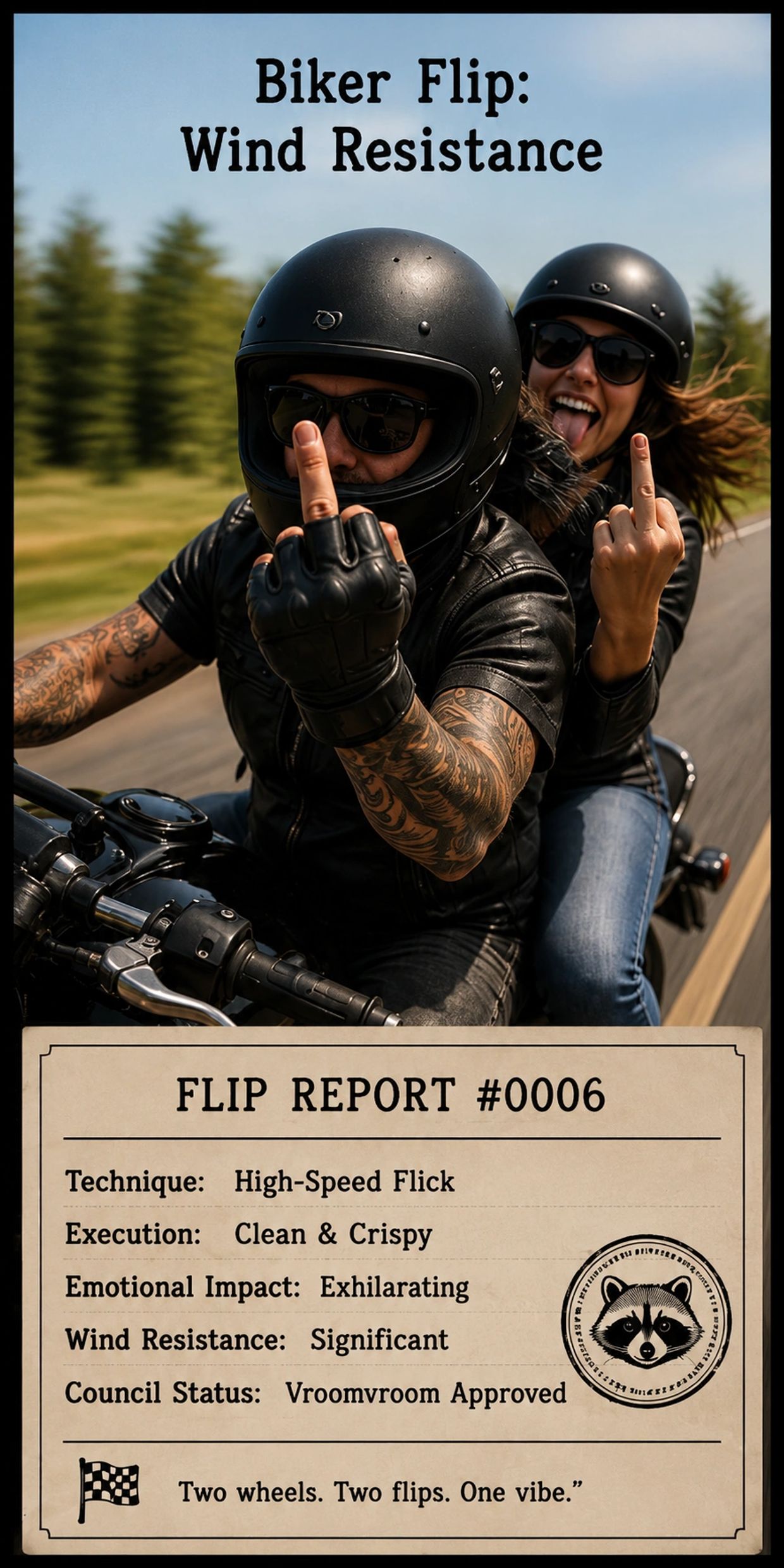 Two bikers flipping off the wind with attitude on a motorcycle ride.
