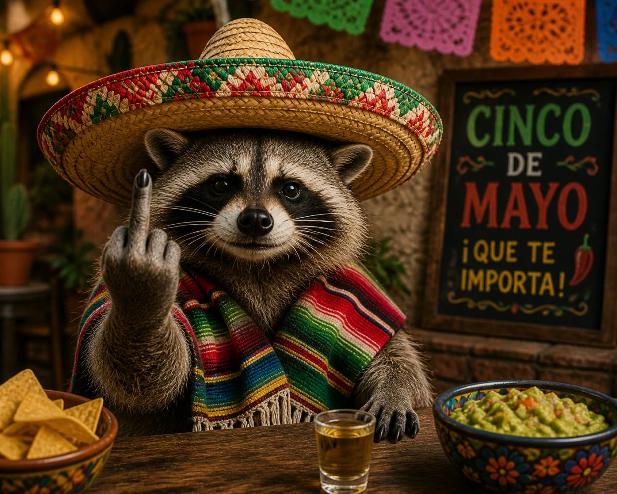 Raccoon wearing a sombrero and poncho flipping the middle finger at a Cinco de Mayo celebration.