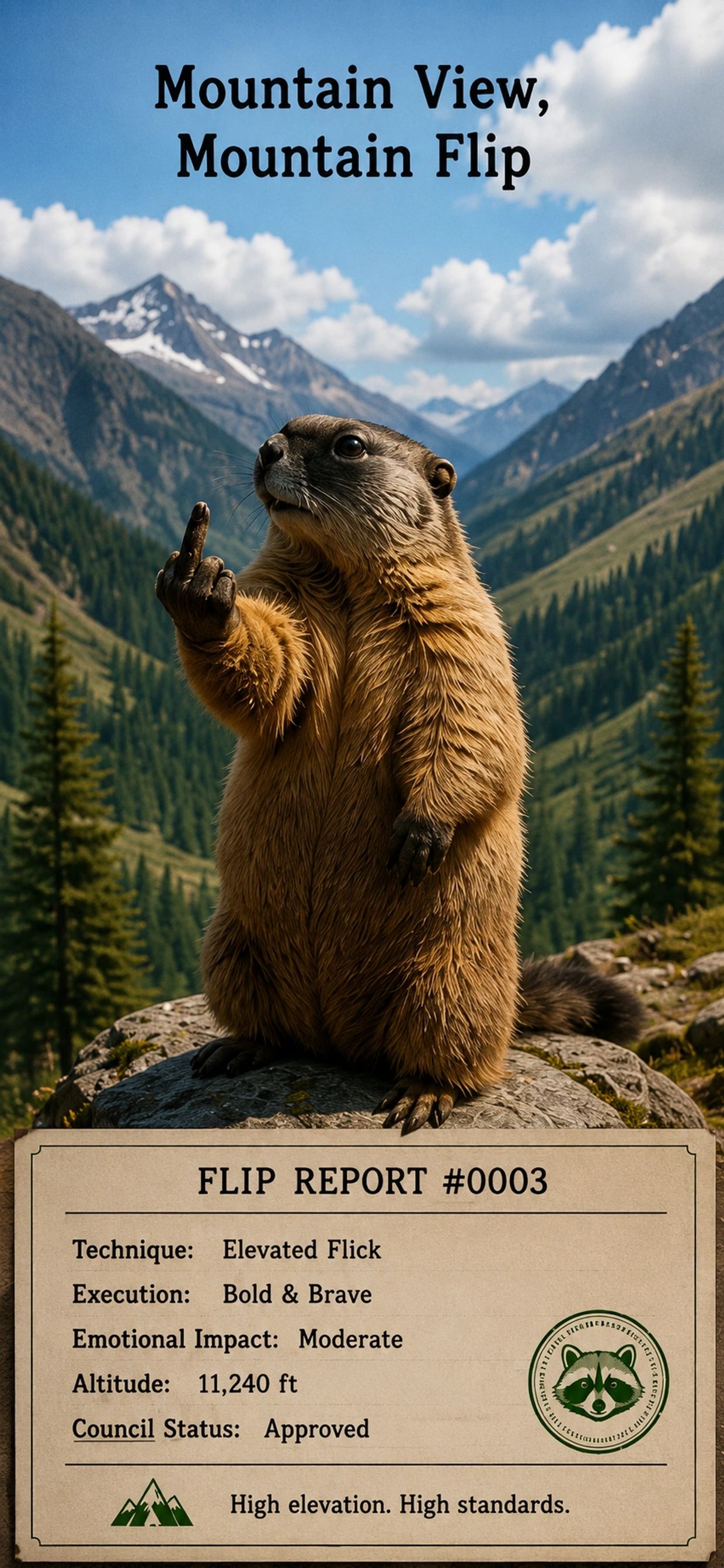 A marmot flips off the camera in a mountainous landscape with a humorous flip report.