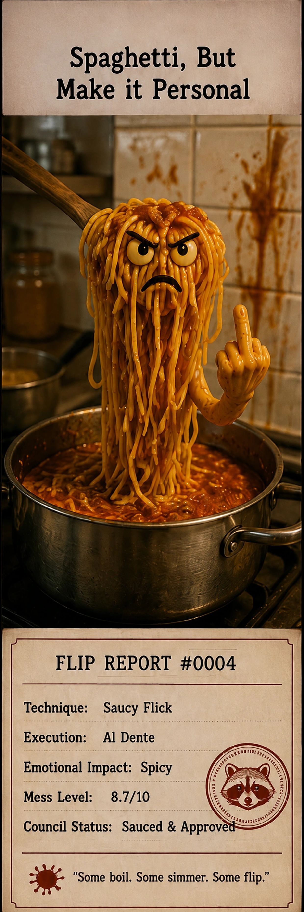 Angry spaghetti with a middle finger, labeled 'Saucy Flick' technique.