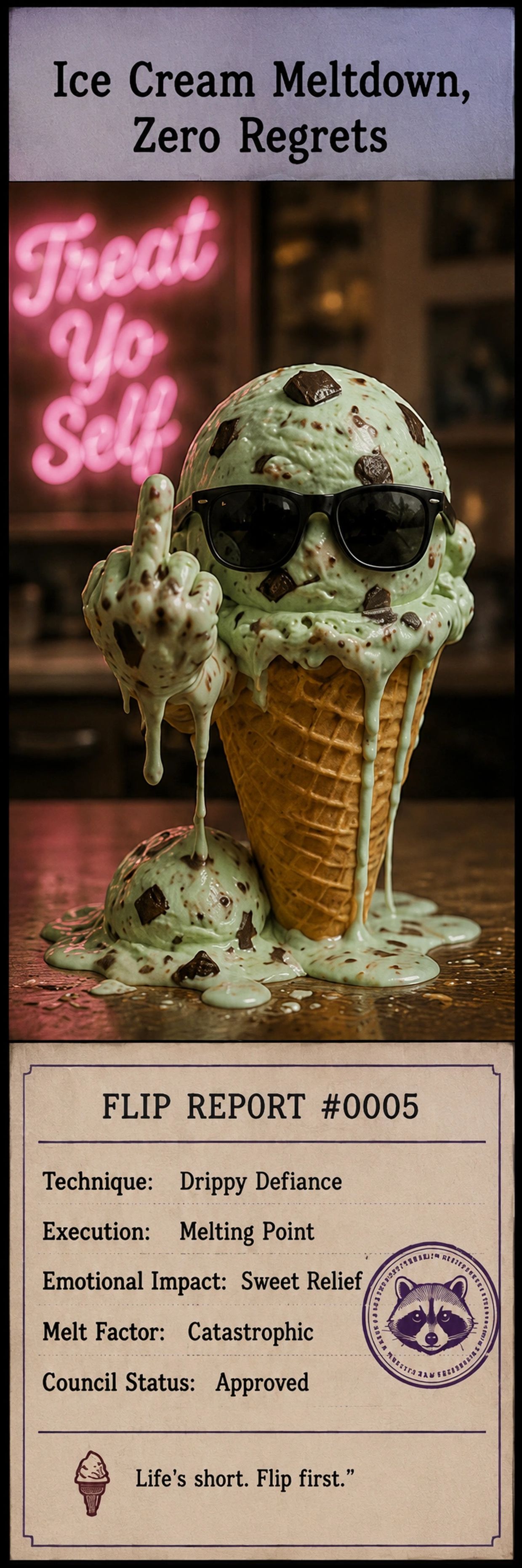 Melting ice cream cone with sunglasses shows defiant gesture and zero regrets.