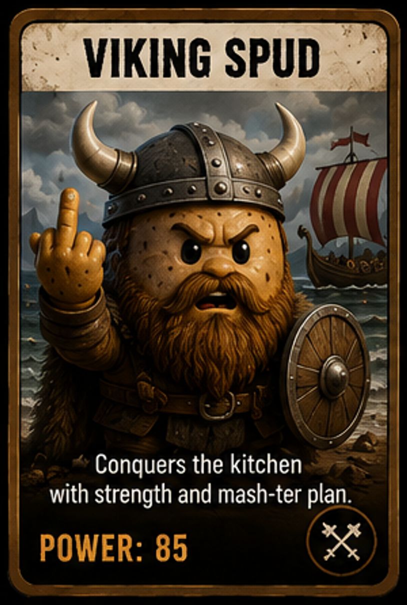 Viking Spud character card with fierce expression and middle finger gesture.