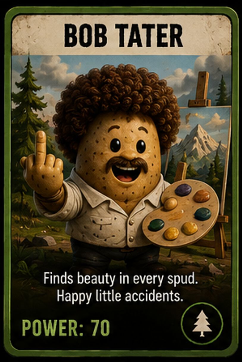 Bob Tater, a potato artist character, holding a palette and giving the middle finger.