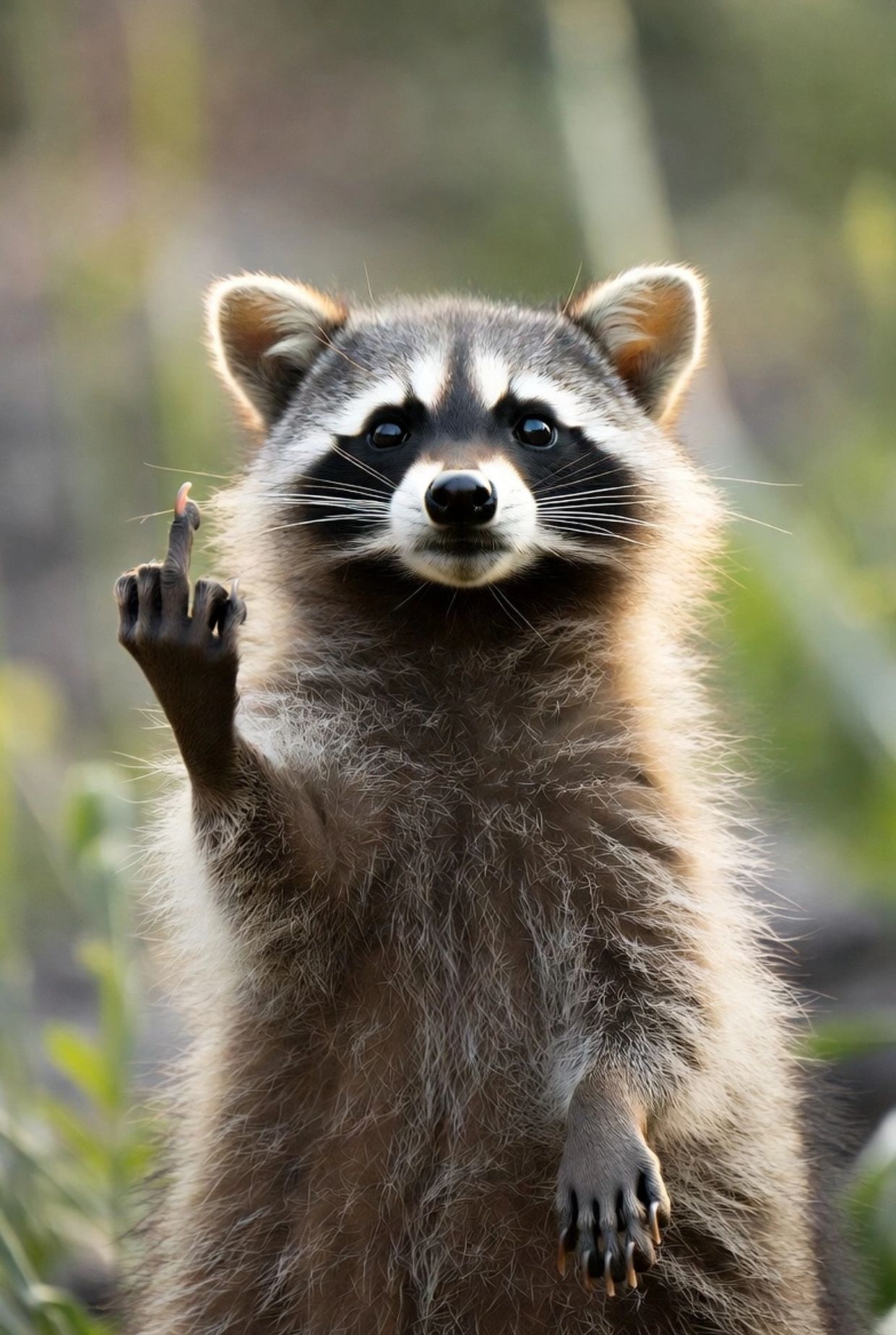 A raccoon showing its middle finger with a blurred background.