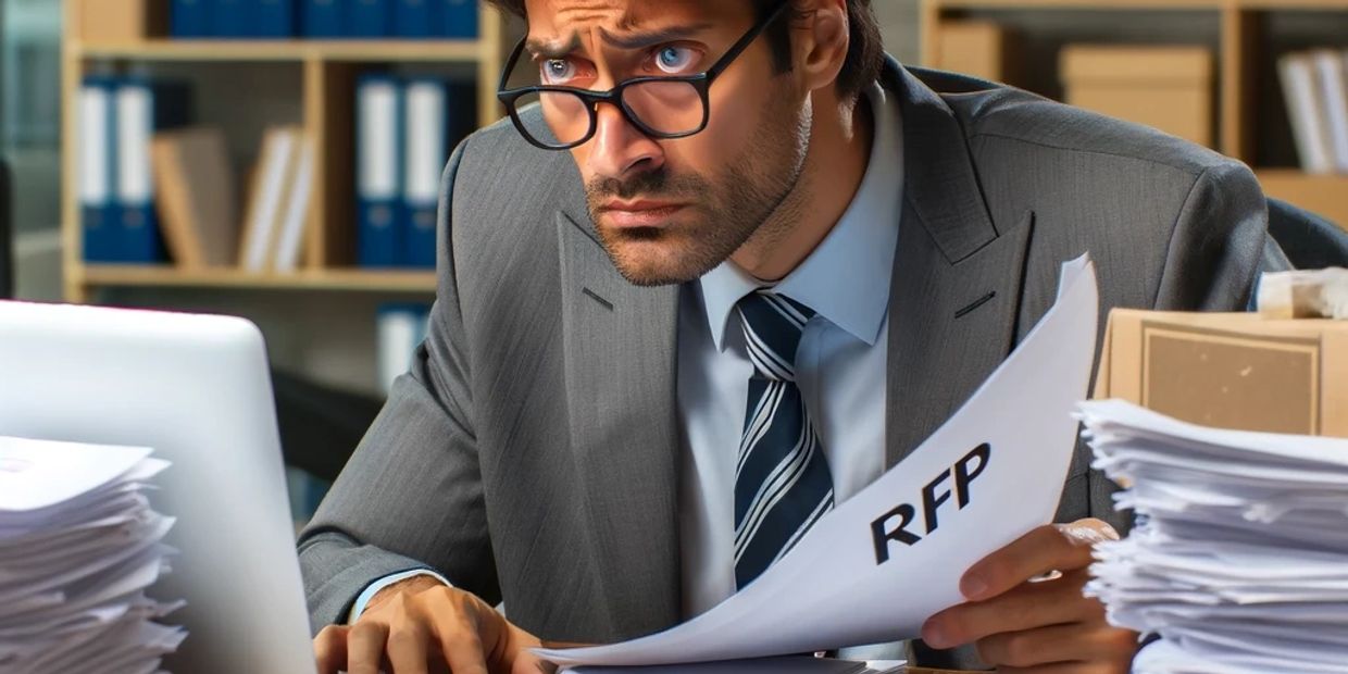 A business account executive, solutions engineer or RFP writer looks up as he completes an RFP