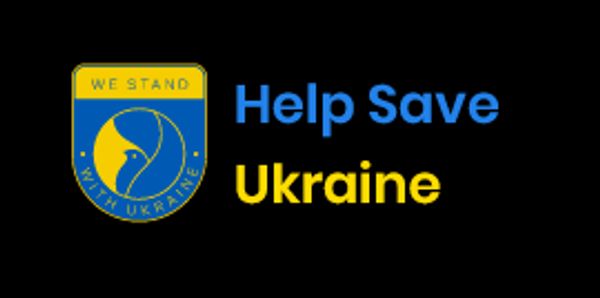 Logo with a dove symbol and text urging to help save Ukraine.