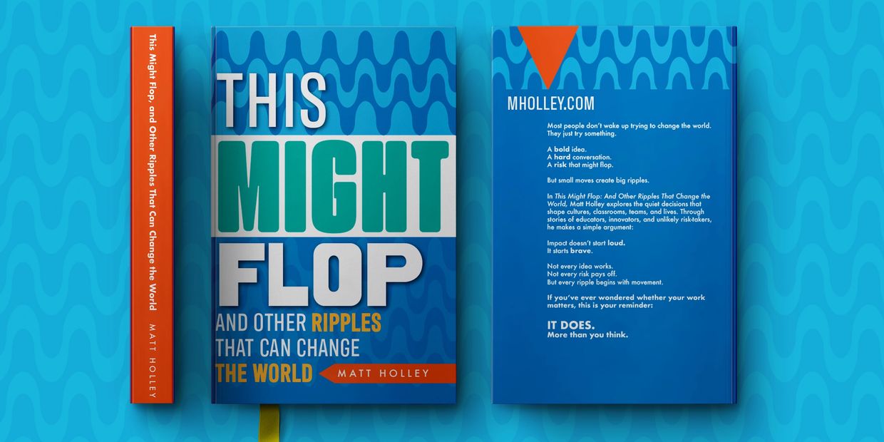 Book cover and back of 'This Might Flop' by Matt Holley with blue ripple design.