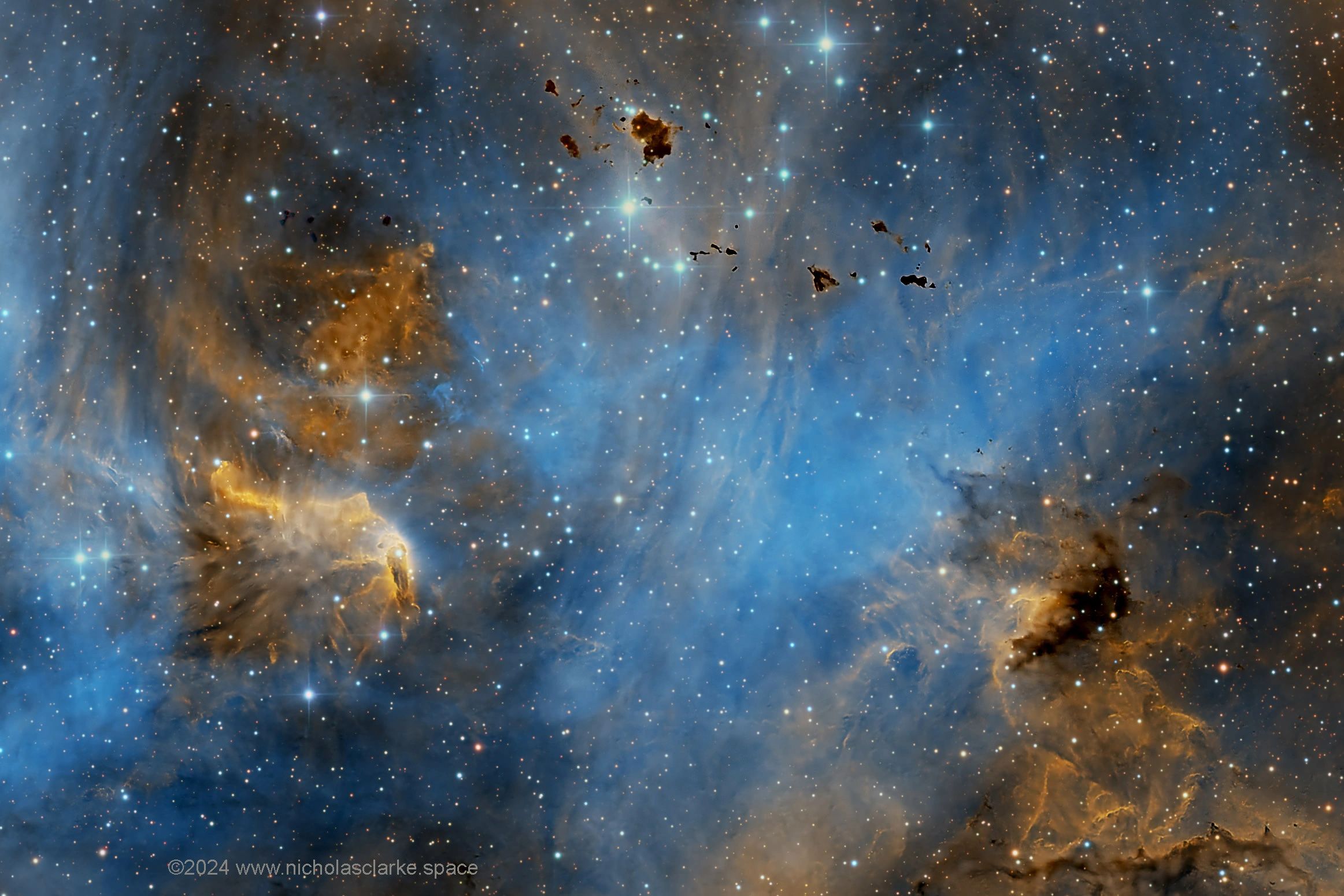 Star-studded cosmic nebula with glowing dust and gas clouds.