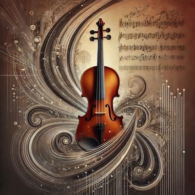 A violin surrounded by swirling musical patterns and sheet music.