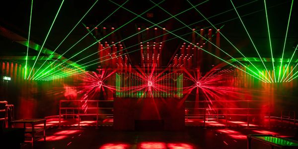 Green Lasers , Concrete DJ booth , red lasers, D&B sound system 
