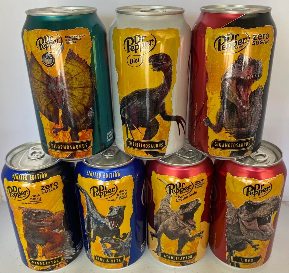 2022 Dr Pepper Jurassic World Dominion Complete 12oz Can Collection
