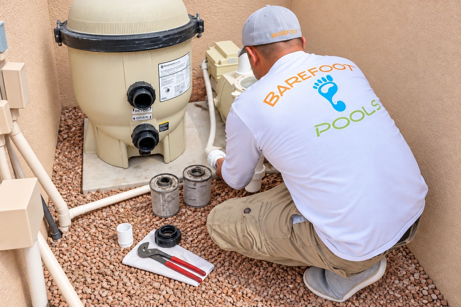 Barefoot Pools technician repairing residential pool equipment and plumbing in Arizona