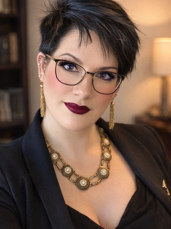 Woman with short dark hair, glasses, and bold makeup wearing gold jewelry and a black outfit.