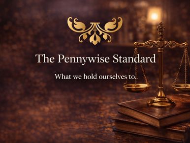 Golden scales of justice on old books with text 'The Pennywise Standard'.