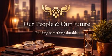 Elegant office scene with books, glasses, hourglass, and inspirational text about future and durability.