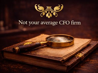 A magnifying glass rests on vintage books with the phrase 'Not your average CFO firm' above.