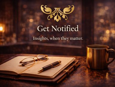 Elegant workspace with notebook, glasses, pen, and coffee cup beside 'Get Notified' text.