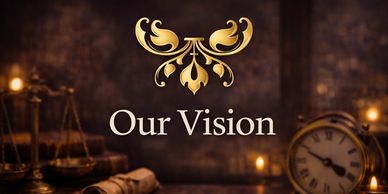 Elegant vintage setting with "Our Vision" text, pen, and clock on a wooden table.