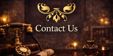 Vintage contact us scene with antique phone and writing tools.