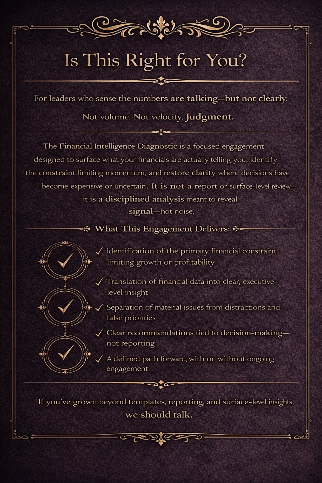 Financial Intelligence Diagnostic offers clear, disciplined analysis for leaders to improve decision-making and identify financial constraints.