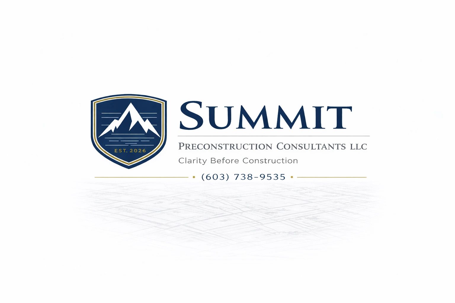 Logo of Summit Preconstruction Consultants LLC with mountain emblem and contact number.