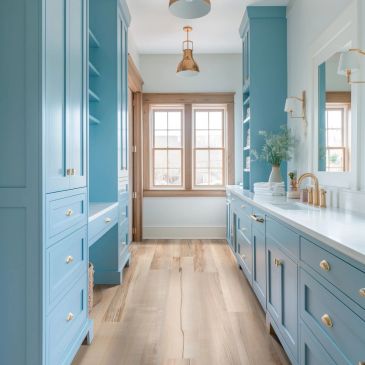 Blue-themed bathroom with wooden floor and gold fixtures.