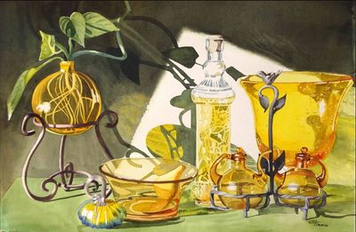 Yellow glassware and plant with roots in a still life.