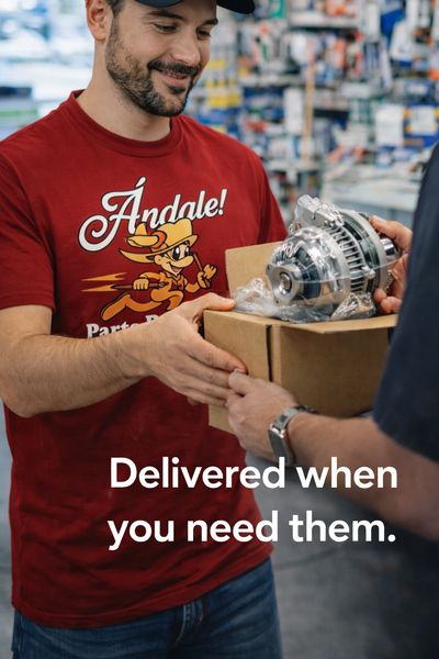 Man receiving a car part with the text 'Delivered when you need them.'