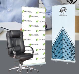 home office backwalls, banner stands with logos, video logo backwalls, retractable logo banner stand