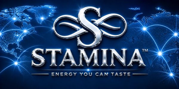 Shiny metallic logo of Stamina with a global network background.
