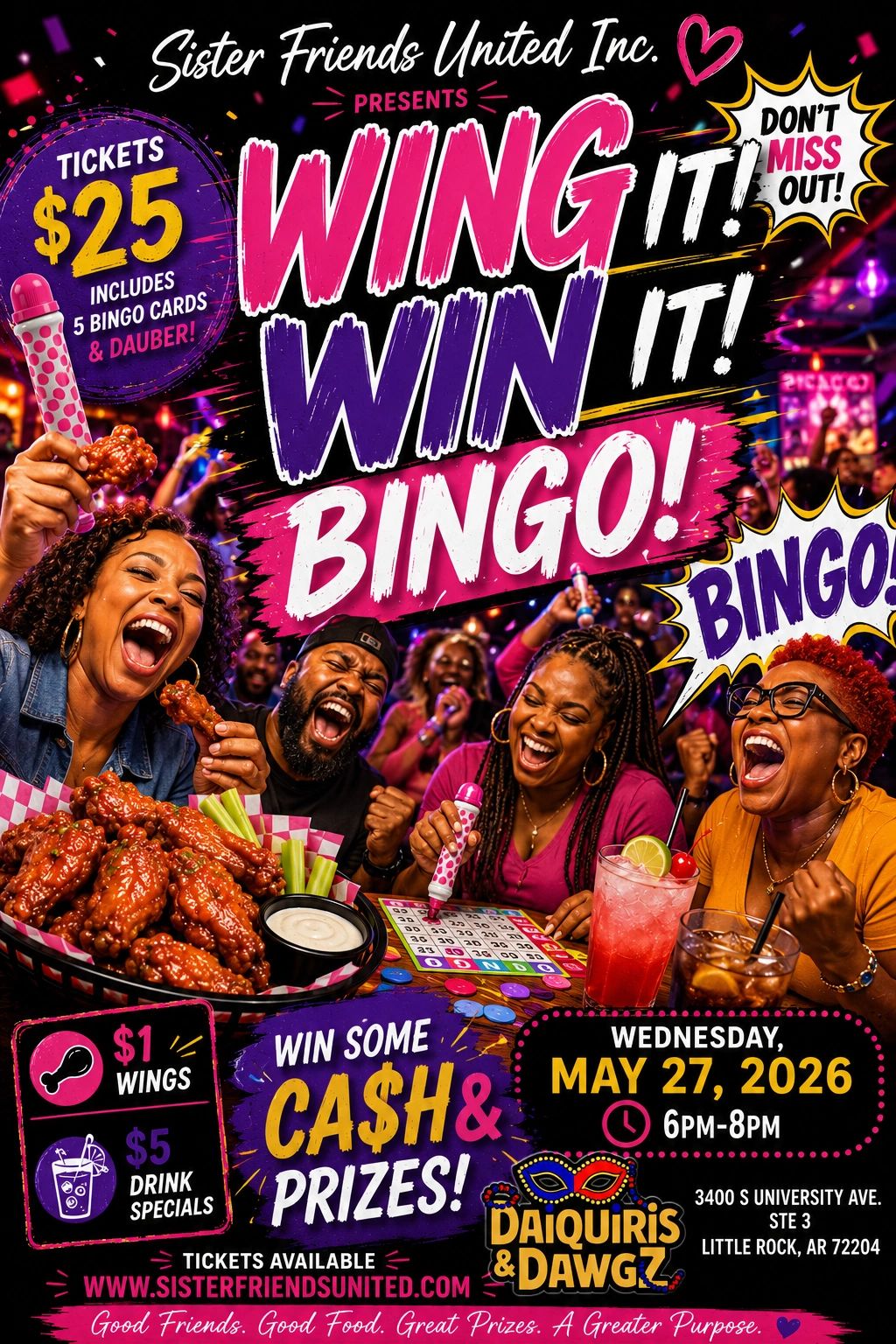 Excited friends play bingo with wings and drinks at Sister Friends United event.