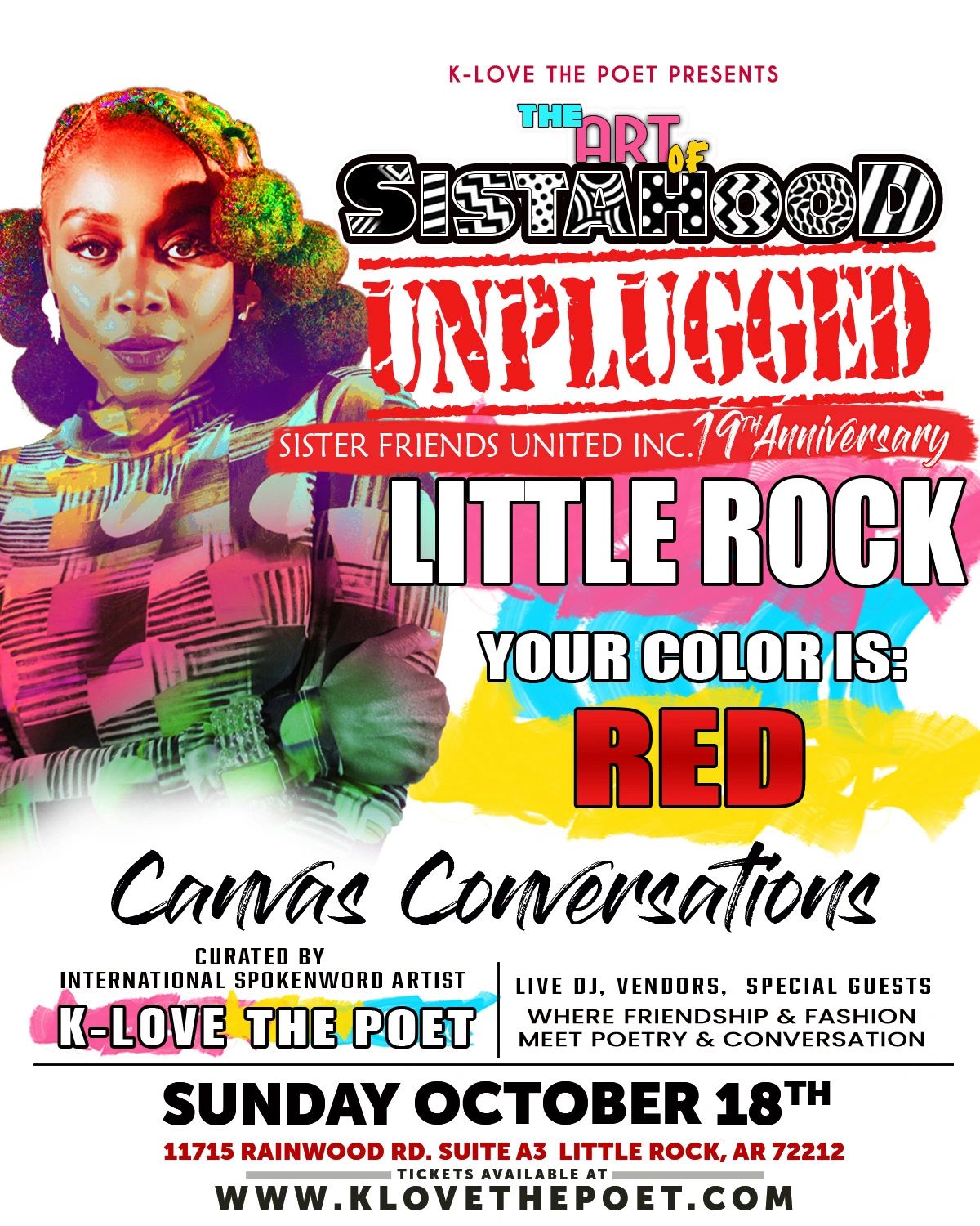 Event poster for 'The Art of Sistahood Unplugged' in Little Rock with K-Love The Poet.
