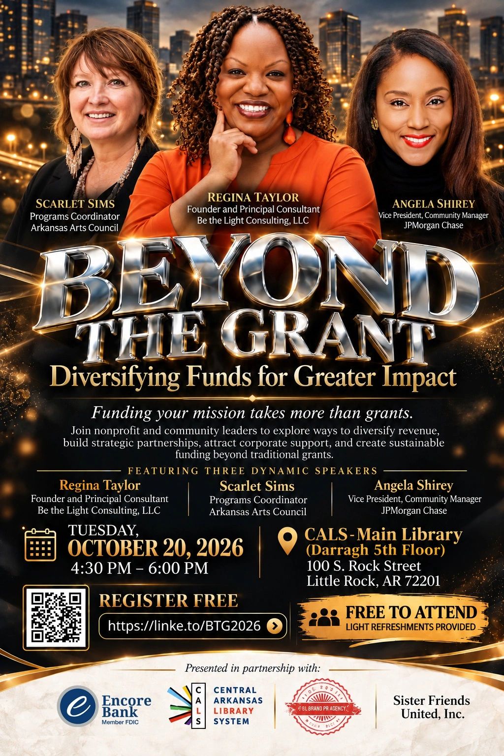 Event poster for Beyond the Grant featuring three speakers on diversifying funds.