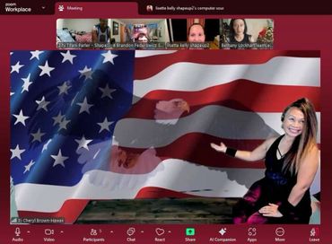 Woman presenting in a Zoom meeting with an American flag and eagle background.
