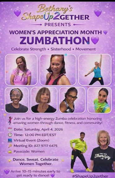 Virtual Zumbathon celebrating Women's Appreciation Month with dance and community on April 4, 2026.