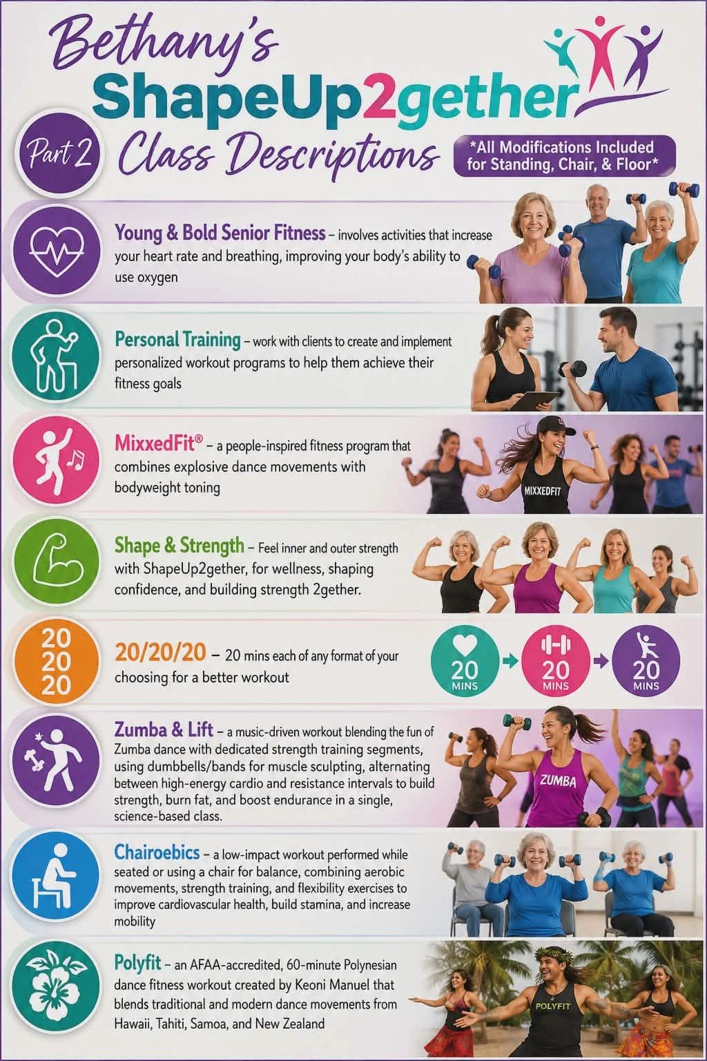 Bethany's ShapeUp2gether offers diverse senior fitness classes with all modifications included.