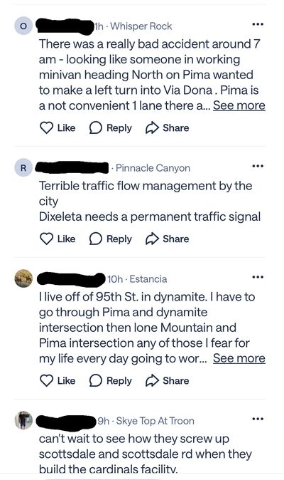 Social media posts discuss traffic accidents and road safety concerns in a city area.