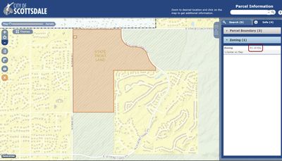 Map showing parcel zoning in Scottsdale with highlighted boundaries.