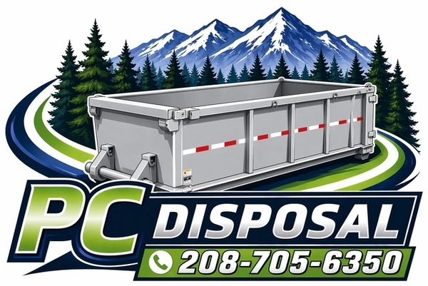 Logo of PC Disposal with dumpster and mountain scenery.