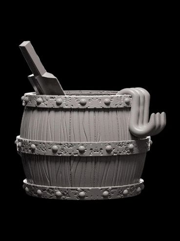 3D modeled wooden barrel with a robotic hand and sword inside.