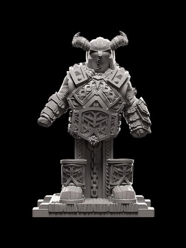 Detailed 3D model of a warrior bust with horned helmet and heavy armor.