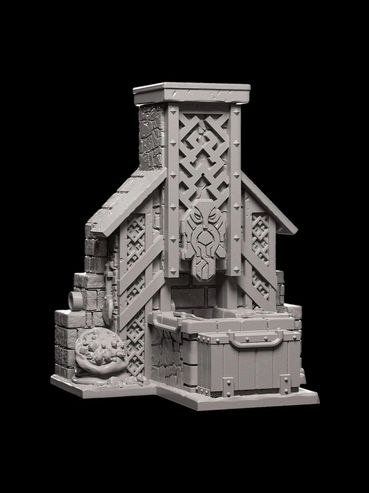 Ornate miniature forge with detailed carvings and storage chest.