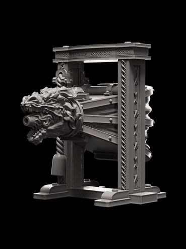 Intricately designed medieval ballista with a dragon head motif.