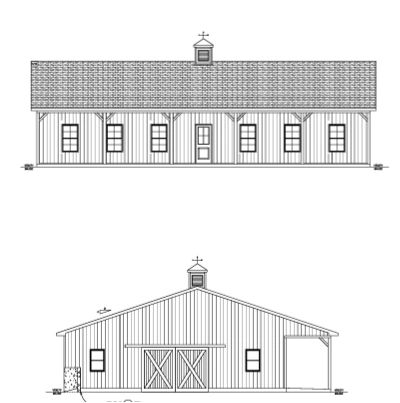 Architectural elevation drawings of a small chapel building.