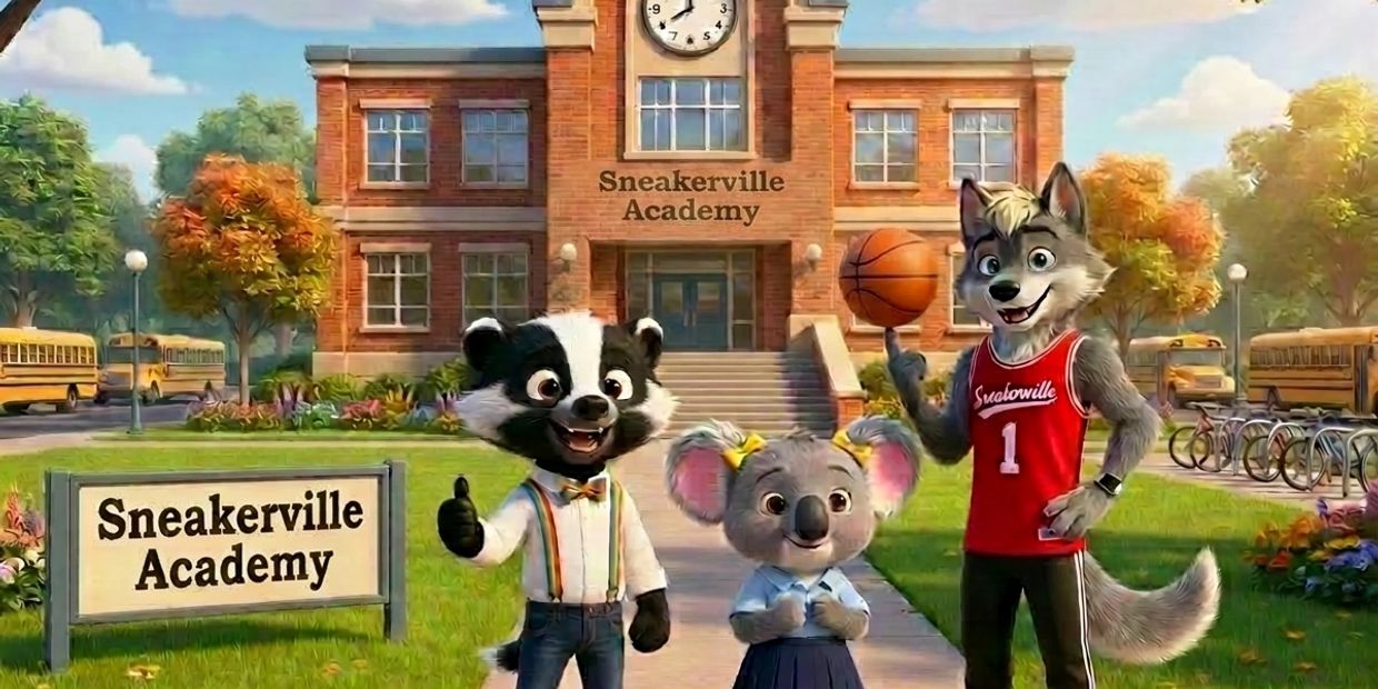 Animated animals in front of Sneakerville Academy building with school buses and bicycles.