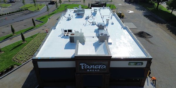 Flat roof restoration on this Panera Bread in North Carolina.