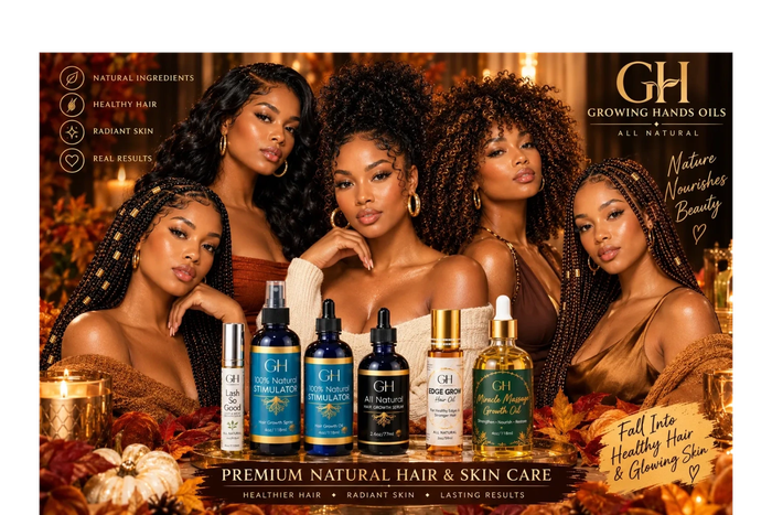 Diverse women showcasing Growing Hands Oils products for natural hair and skin care.